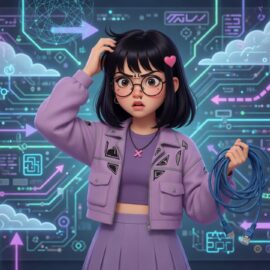 Xiao Xin Xin looks confused in front of a glowing network mesh diagram
