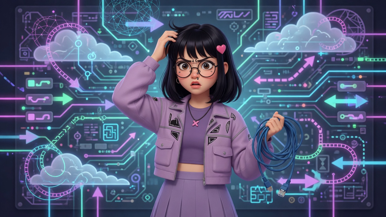 Xiao Xin Xin looks confused in front of a glowing network mesh diagram