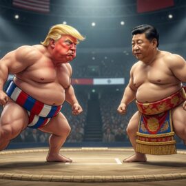 Satirical illustration: Donald Trump and Xi Jinping as opposing sumo wrestlers