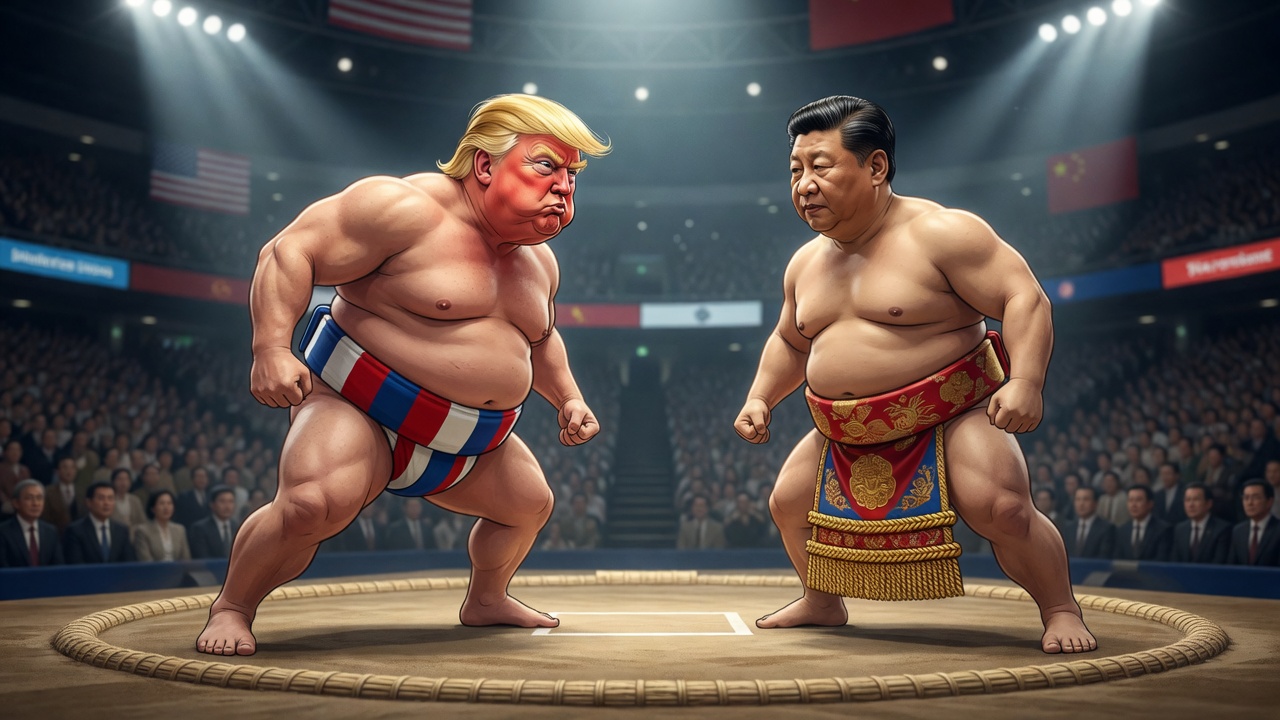 Satirical illustration: Donald Trump and Xi Jinping as opposing sumo wrestlers on the dohyo