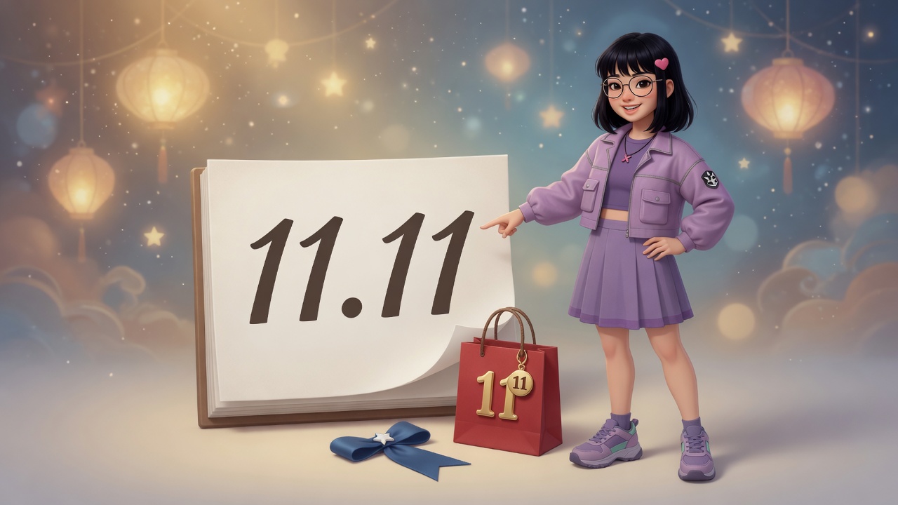 Xiao Xin Xin points at a calendar marked 11.11, with a red shopping bag and a blue star ribbon
