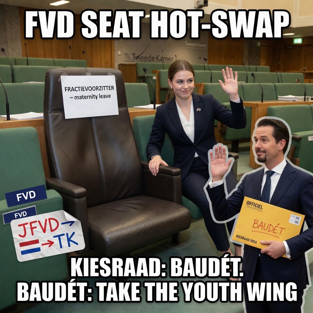FVD seat hot-swap: empty fractievoorzitter chair, youth wing in, party chair waves the Kiesraad envelope away