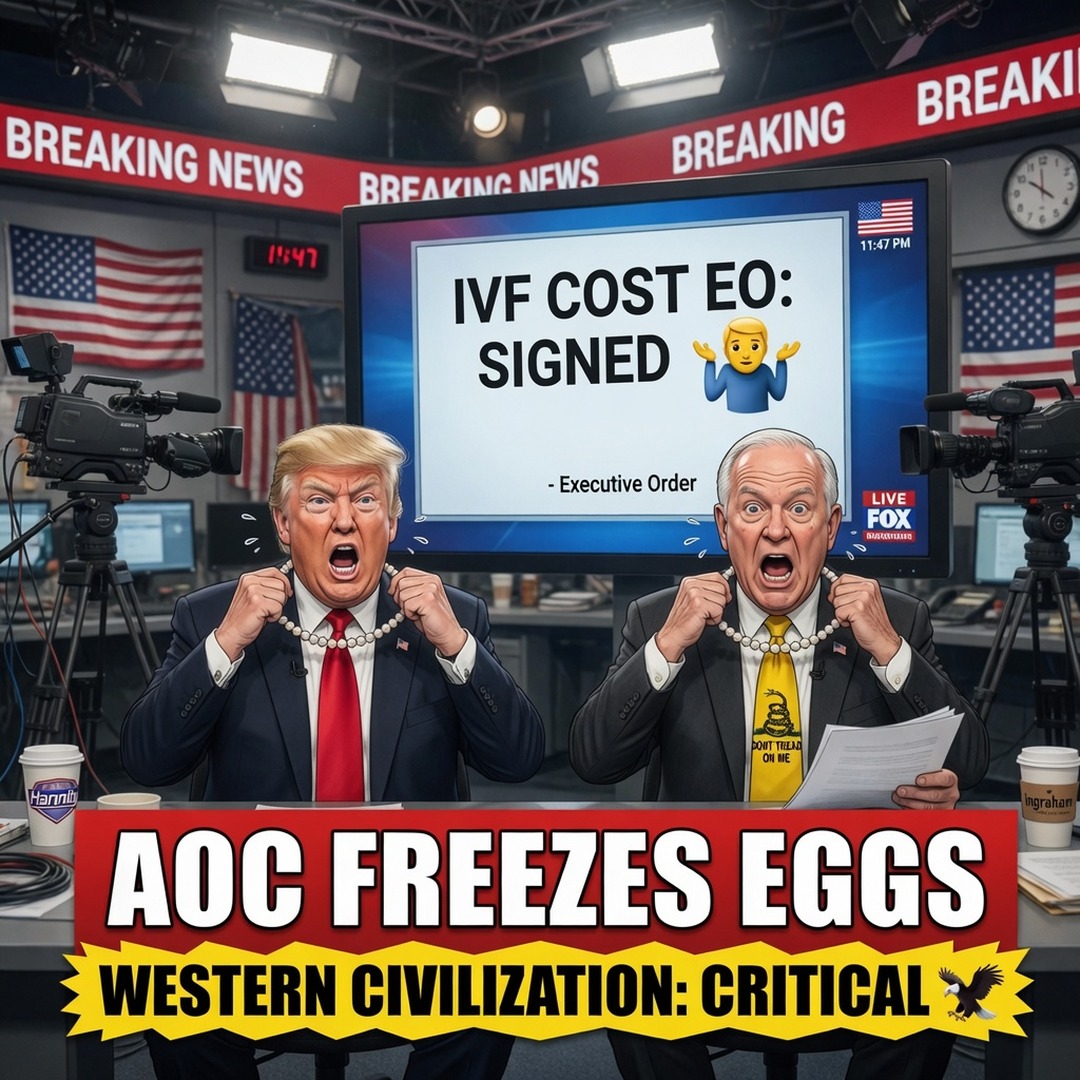 Cable news meltdown over AOC freezing eggs while an IVF cost executive order sits signed on the studio screen