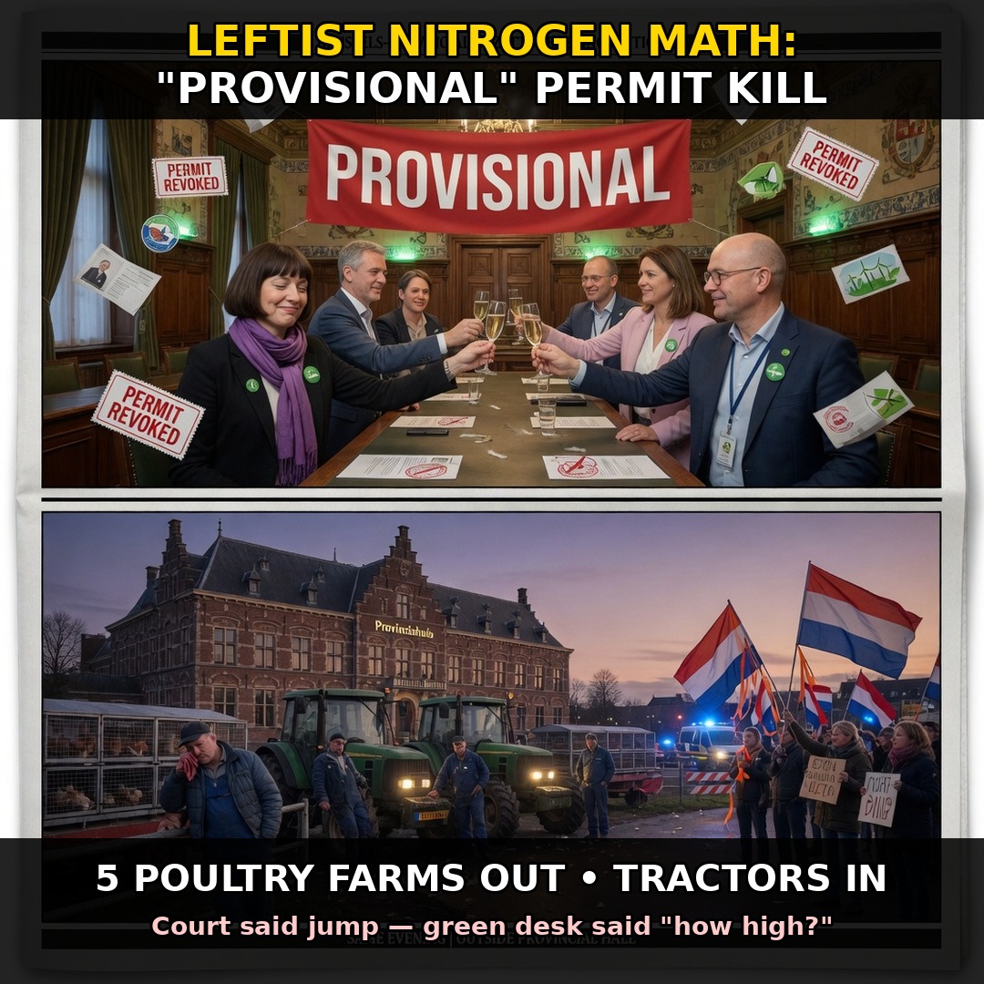Two-panel: provincial officials toast provisional permit revocations while poultry farmers and tractors protest outside