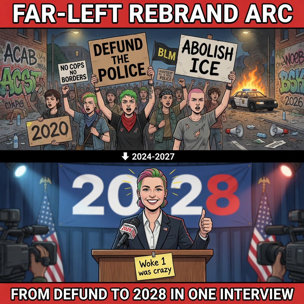 Illustrated two-panel: 2020 defund-the-police protest energy versus a polished 2028 campaign stage with a sticky note reading Woke 1 was crazy