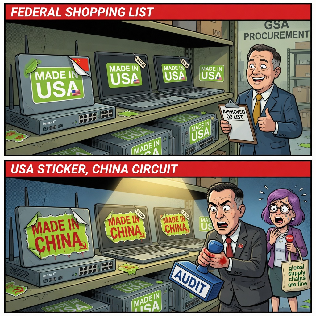Two-panel illustration: federal IT gear with Made in USA stickers, then stickers peeled to Made in China under a GSA audit stamp