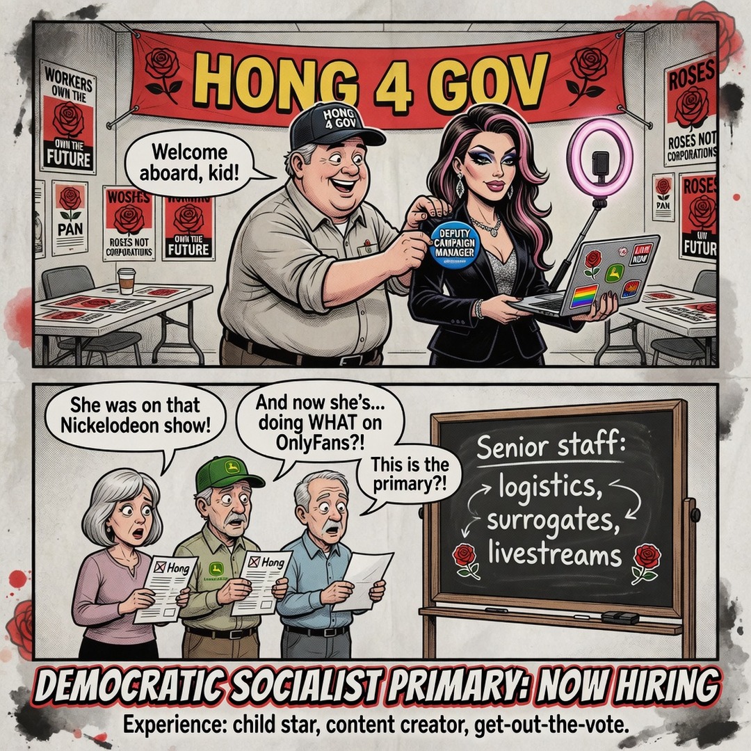 Hong 4 Gov HQ pins deputy badge; Midwest voters react to senior staff chalkboard