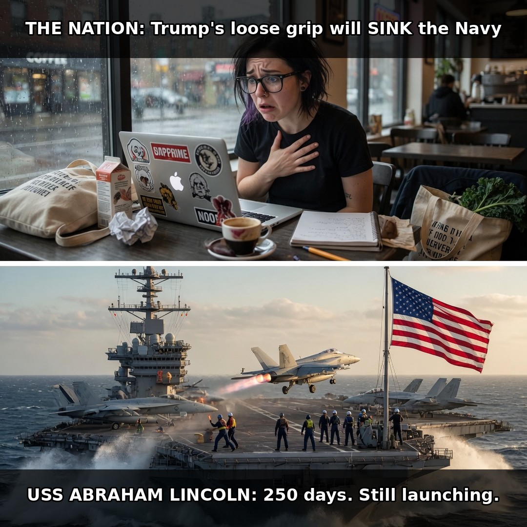 Two-panel: panicked magazine writer in a cafe vs USS Abraham Lincoln launching a jet after 250 days at sea