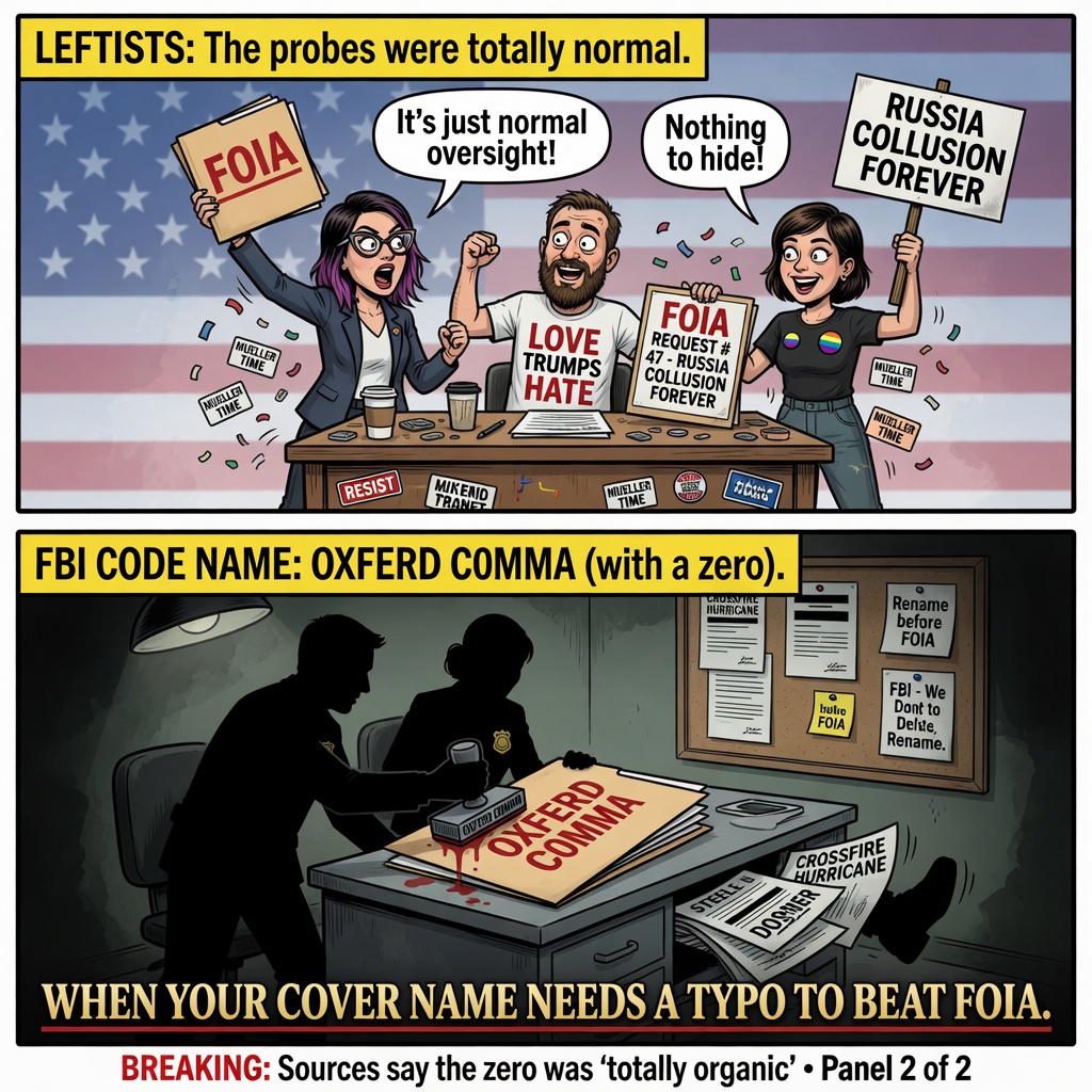 Cartoon leftists cheer Russia probes while FBI stamps Oxferd C0MMA on hidden files
