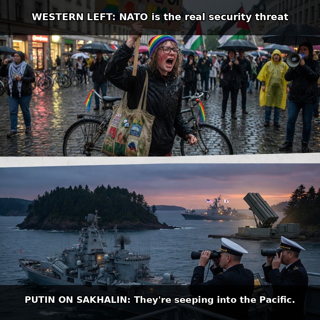 Two-panel: Western left protest calling NATO the threat versus Russian officers watching US-Japan ships off Sakhalin