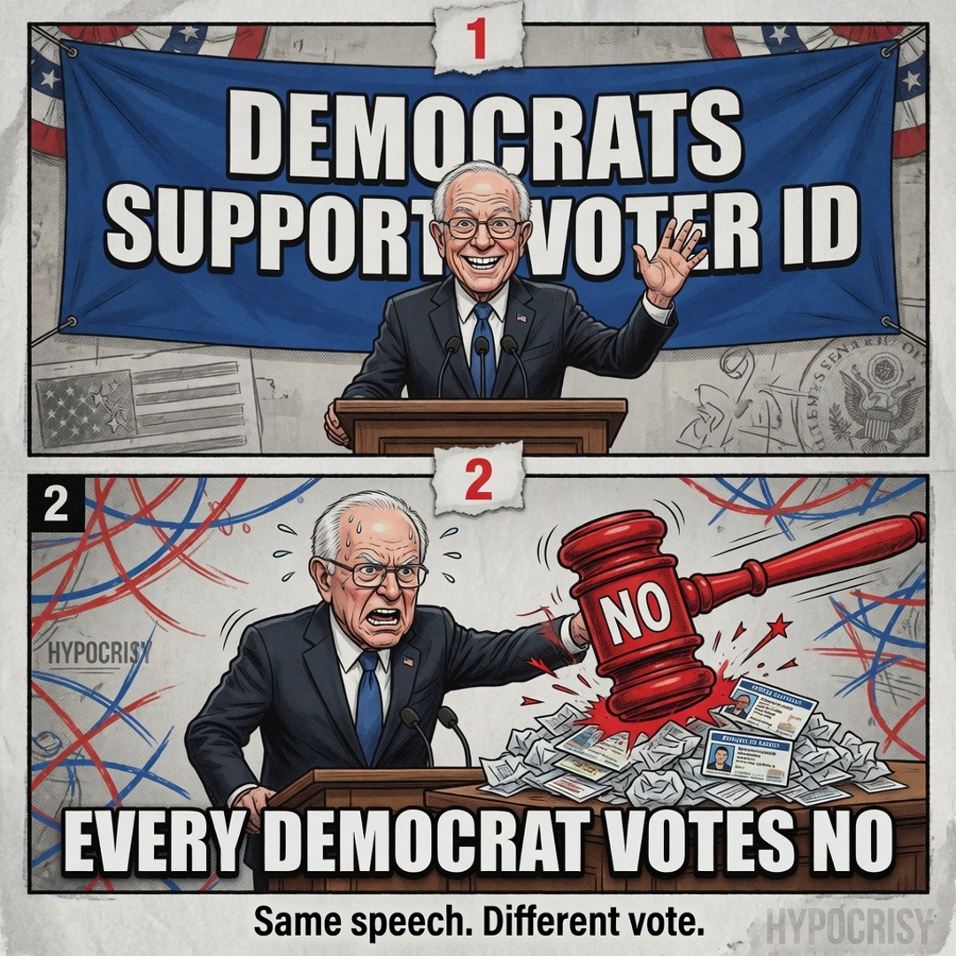 Two-panel: Democrats Support Voter ID banner, then Every Democrat Votes No gavel