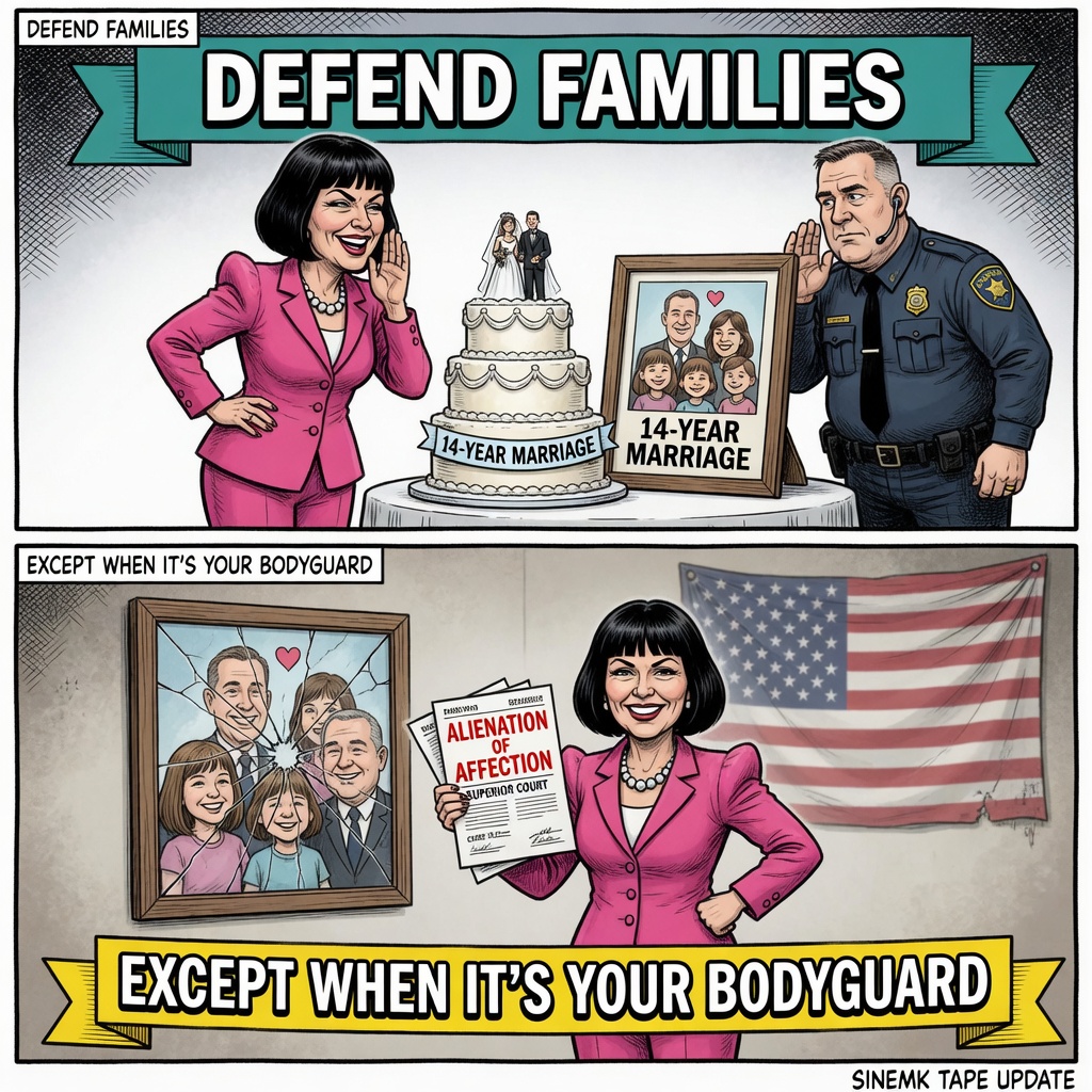 Two-panel cartoon: progressive figure says Defend Families beside a 14-year marriage cake, then holds alienation-of-affection papers under Except when it is your bodyguard