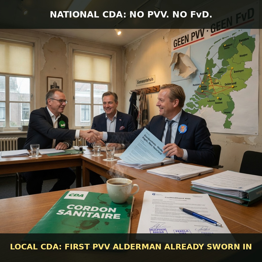 National CDA cordon sanitaire folder used as a coffee coaster while local officials shake hands under a torn GEEN PVV GEEN FvD poster, coalition stamps for Rucphen, Pekela and Tiel