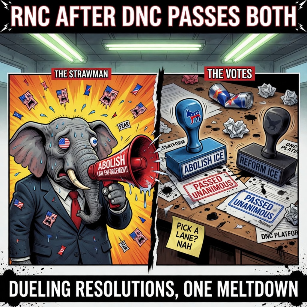 Satirical two-panel: sweating RNC elephant yelling abolish law enforcement versus dual ABOLISH ICE and REFORM ICE stamps both marked passed unanimous