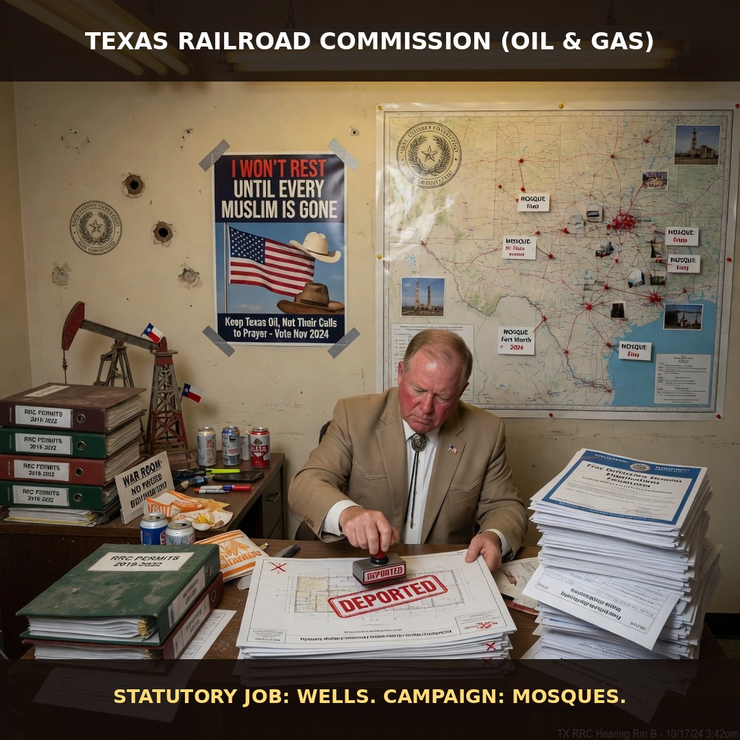 Texas Railroad Commission office converted to an anti-mosque war room: unused oil permits stacked aside while a generic official stamps mosque plans DEPORTED under a poster reading I will not rest until every Muslim is gone