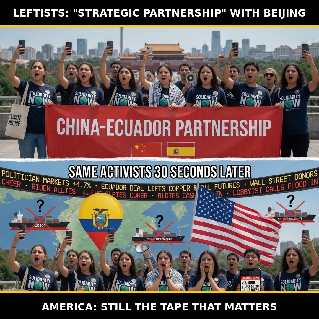Campus cheer squad salutes a Beijing partnership banner while the American civic-market tape keeps rolling