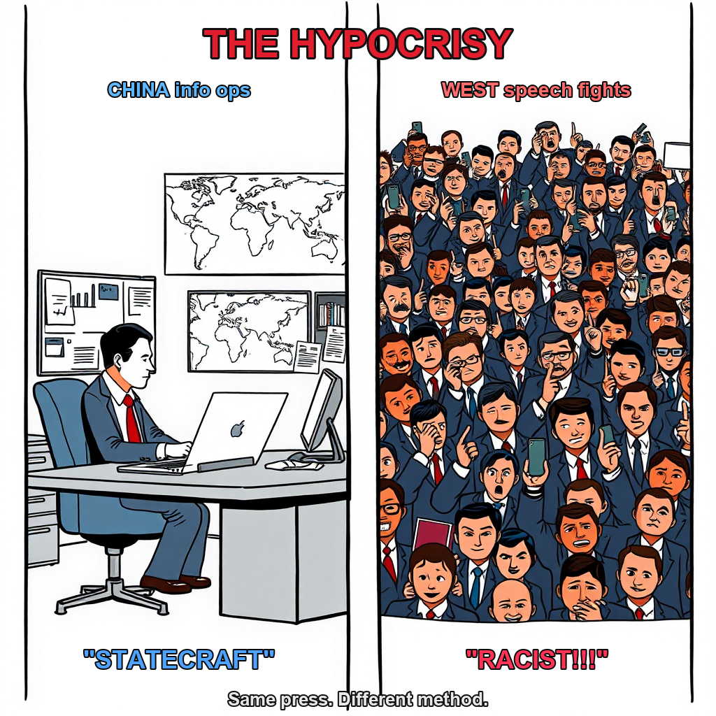 Split comic: calm China info-ops as statecraft vs Western speech fights as racism