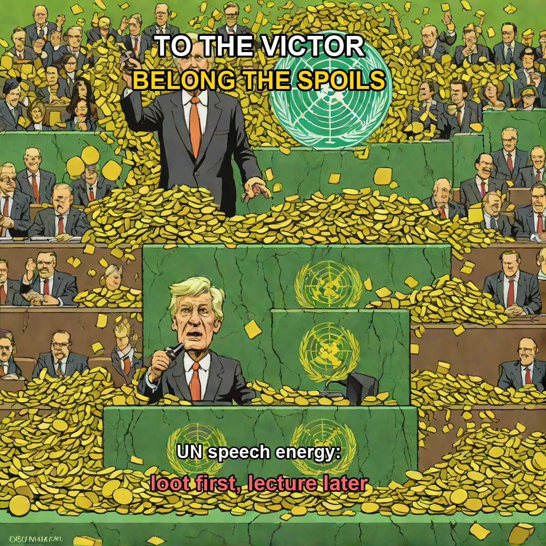 UN podium piled with oil barrels under the slogan To the victor belong the spoils