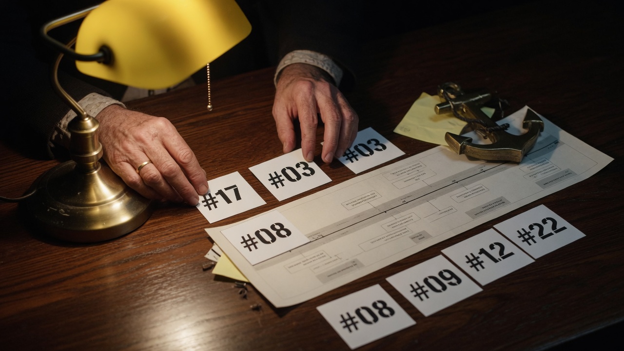 Hands arranging numbered evidence cards under a desk lamp