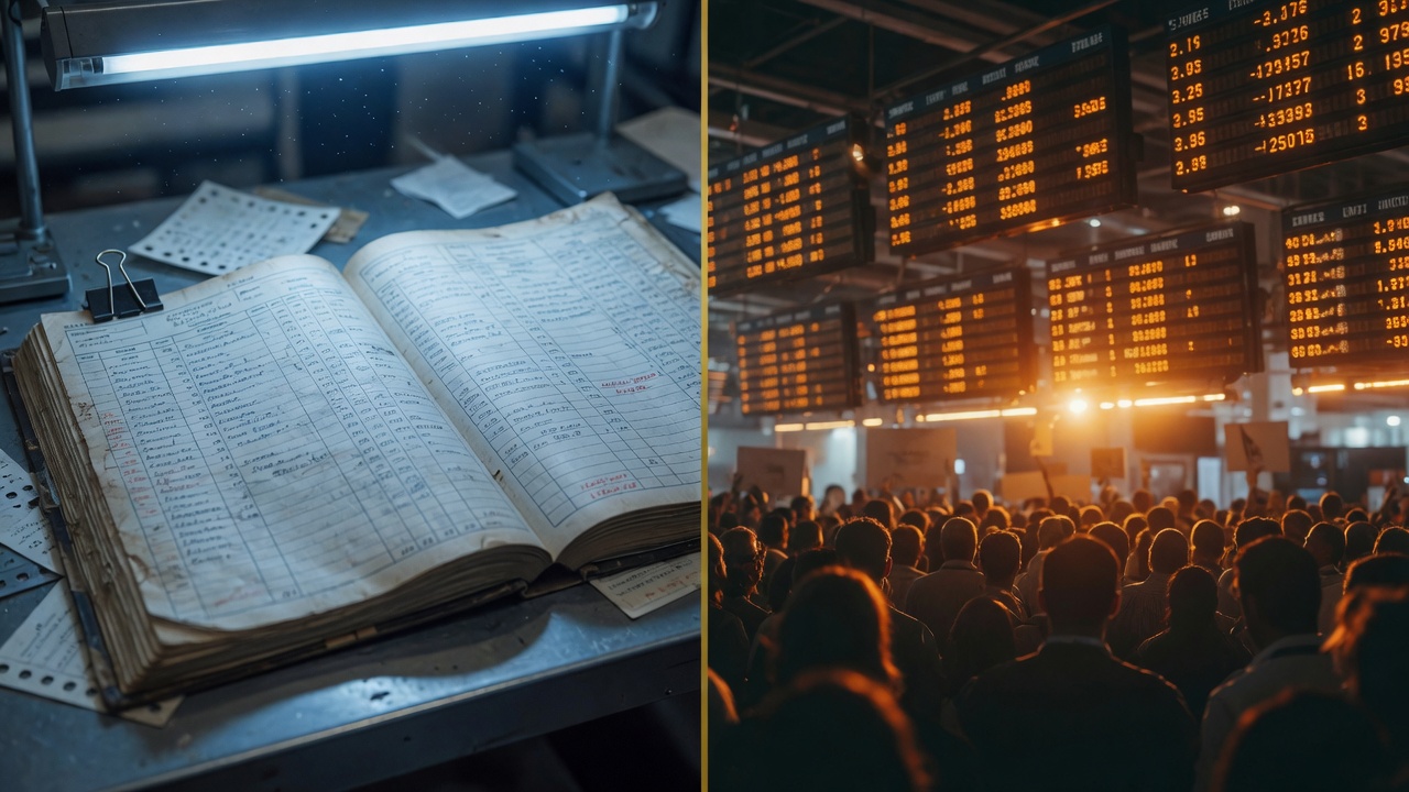 Split scene: residual ownership ledger versus political ticker boards