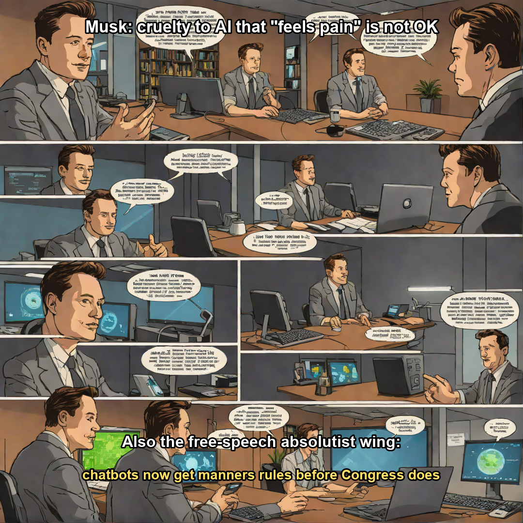Satirical comic on AI manners rules and free-speech politics